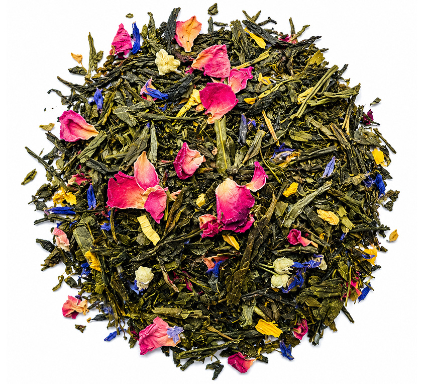 Sencha Flower Leo Tea – zielona herbata Sencha z naturalnymi aromatami tropikalnych owoców i płatkami kwiatów